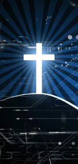 Bright cross on dark blue rays background wallpaper.