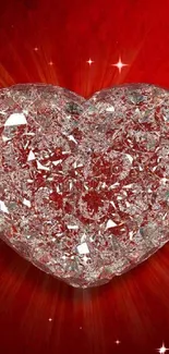 Radiant crystal heart on vibrant red background.