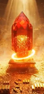 Radiant red crystal with golden glow in a mystical setting.