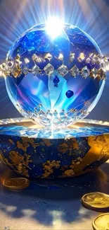 Glowing crystal sphere with coins and blue hues wallpaper.