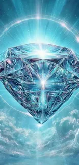 Radiant diamond floating in a celestial sky with ethereal light effects.