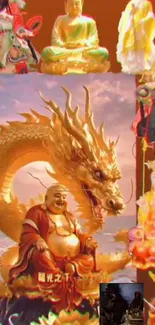 Golden dragon with deities in vivid spiritual art.