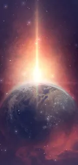 Vivid earth and sunrise in space with cosmic glow.