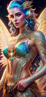 Enchanted fairy with golden wings and ethereal glow in fantasy artwork.