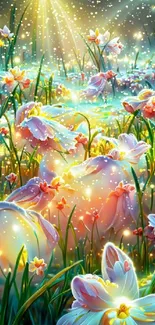 A dreamlike floral scene with glowing flowers and ethereal light creating a peaceful ambiance.