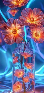 Neon flowers glowing in a clear vase against a blue background.