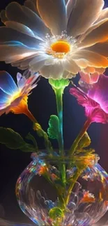 Radiant neon flowers in a glass vase with vibrant hues.