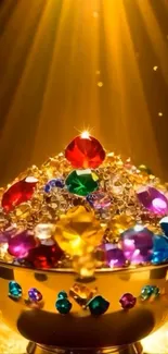 A golden bowl filled with colorful, sparkling gemstones under radiant light.