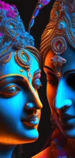 Radiant blue and orange divine faces on a vibrant mobile wallpaper.