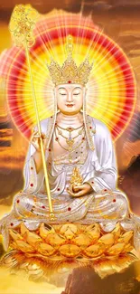 Radiant golden Buddhist deity with celestial aura.