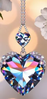 Heart-shaped crystal pendant necklace with floral background.