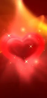 Vibrant red heart with glowing and sparkling lights on a warm-toned background.