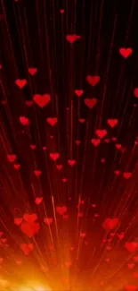 Vibrant red hearts exploding on a glowing dark background.