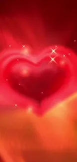 Radiant red heart with sparkling stars on warm background.