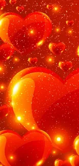 Glowing red hearts on an orange background for mobile.