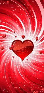 Red heart with swirling white rays on a vibrant red background.