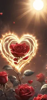 Mobile wallpaper with glowing heart-shaped roses under a radiant sun.