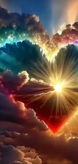 Radiant heart-shaped sky with vibrant colors and sunlit clouds.