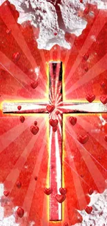 Radiant red heart with cross on crackled texture.