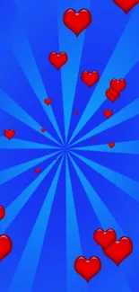 Vibrant red hearts on a radiant blue background wallpaper.