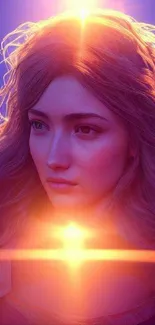 Ethereal digital artwork of a woman in warm glowing light for mobile wallpaper.