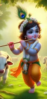 Krishna playing flute in a lush green landscape.