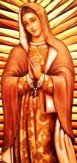 Vibrant artwork of a serene robed figure with radiant golden brown tones.