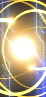 Futuristic design with glowing yellow circles on a dark background.