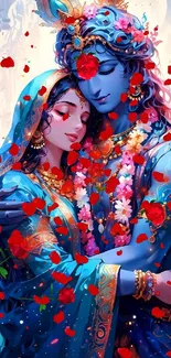 Divine lovers in vibrant blue embrace surrounded by red petals and floral garlands.