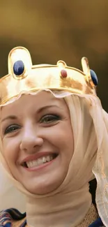 Smiling woman wearing a medieval golden crown with jewels.