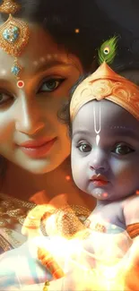 A detailed digital portrait of a mother and baby with intricate golden jewelry.