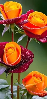 Orange and red roses with dew drops, creating a vibrant and elegant mobile wallpaper.