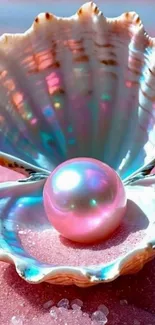 A radiant pearl nestled inside a luminous shell on pink sand.