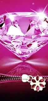 Shiny pink diamond on vibrant background.