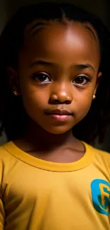 Mobile wallpaper of a young child wearing a yellow shirt with warm lighting.