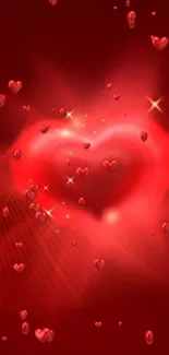 Glowing red heart with small hearts on red background.