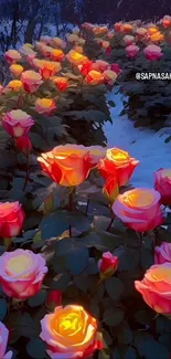 Radiant rose garden glowing in night.