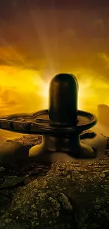 Radiant Shiva Lingam glowing under golden sunset sky.