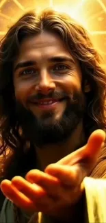 Serene spiritual portrait with radiant light and welcoming gesture.