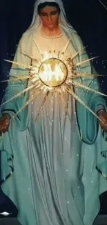 Radiant image of Mary statue glowing with a central light.