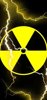 Yellow radiation symbol with lightning on black background.