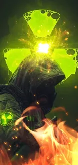 Hooded figure with gas mask and neon green radiation symbol.