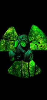 Radiation mask with green forest design on black background.