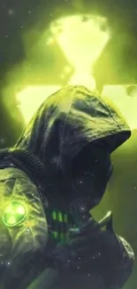 Hooded figure in radiation suit with glowing background.