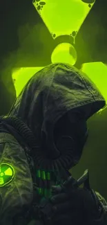 Hooded figure with neon green radiation symbol.