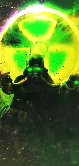 Neon green radiation-themed wallpaper with futuristic soldiers.