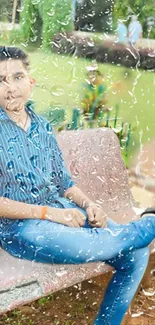 Rainy garden bench with person relaxing.