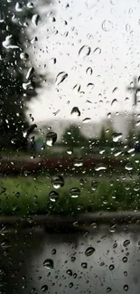 Rainy window view with water droplets creating a calming mobile wallpaper.