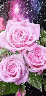 Pink roses with raindrops on a vibrant background wallpaper.