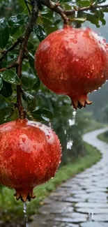 Rain-kissed pomegranates hanging over a rustic path.